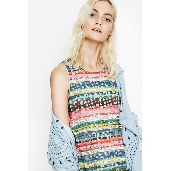 DESIGUAL Phoenix Shift Mini Dress Sleeveless Laser Cut Striped Rainbow Women's M - Picture 9 of 14